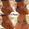 Women's 4-Pcs Multicolor Mix Beaded Anklets Jewelry Set - Shimmer Beads, Delicate Hollow Double Hearts, Elastic Fit Hugs Ankles, Boho Chic Sports & Outdoor Ankle Bracelet Accessories for Casual Wear