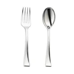 Silver Disposable Plastic Mini Flatware Set - 24 Dessert Spoons and 24 Dessert Forks