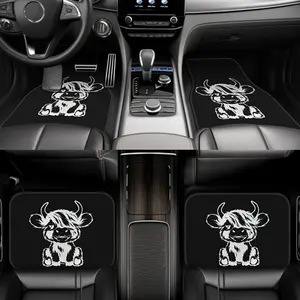 4pcs "Black and White Highland Cow" Print Car Mats, Car Mats Cars, Universal Fit, Interior Protection for Honda, Tesla Model Y, Van, SUV, All-Season Use, Polyester Material, Perfect Christmas or Valentine's Day Gift for Men and Women