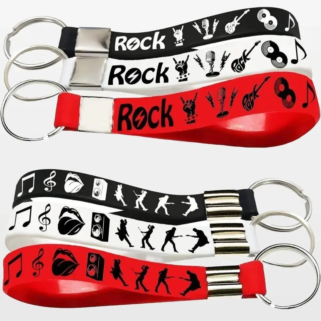 Rock and Roll Silicone Keychains Rubber Keyrings -80s 90s Party Supplies Music Guitar Rap Hip Hop Birthday Baby Shower Party Favors