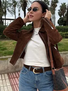Brown Suede Cropped Jacket Women's Jacket Coats Spring Summer 2026 Fashion Lapel Collar Zipper Zip Front Jacket Long Sleeve Tops Elegant Chic Casual Korean Style Outerwears