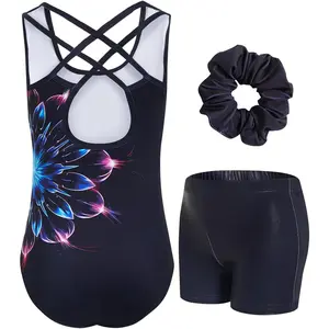 Gymnastics Leotards for Girls with Cross Back Sparkly Dance Unitards with Shorts Biketards Outfit for 3-12 Years