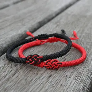 2Pcs Red Black String Braided Bracelet with Lover Knots for Couple Luck Fortune