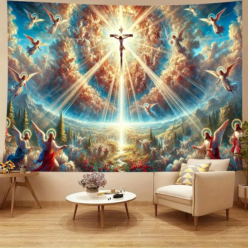 1PC Oversized 244x183cm Jesus on the Cross Tapestry - Vibrant Polyester Fiber Wall Hanging with Angels/Clouds/Sunlit Sky, Ideal for Living Room/Bedroom/Office, Religious Home Decor & Weddings/Birthdays/Graduations/Anniversary Party Decor White