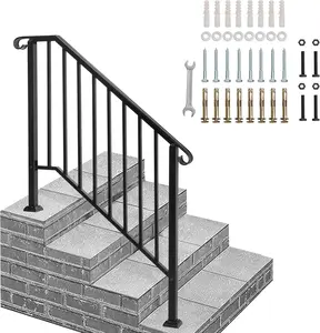 Outdoor Handrail for 3 to 4 Steps, Galvanized Iron Stair Railing with Non-Slip Surface and Installation Kit, Safety Rail for Concrete or Wooden Stairs