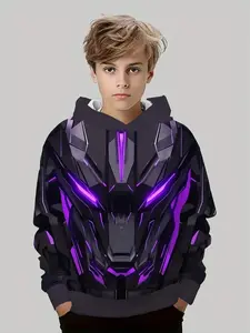 Boys' Fashion Cool Mecha Pattern 3D Printed Graphic Hoodie, Casual Fall & Winter Wear, Lightweight Stretchy Fabric, Outdoor Activities