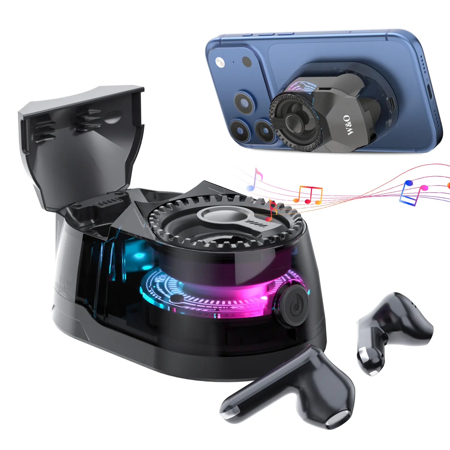 3-in-1 Portable Magnetic Bluetooth Audio Device - Headphones, Twin Wireless Speakers, Phone Holder, Dual Separate Bluetooth 5.4, 600mAh Battery, Compatible with iPhone & Android, Travel & Office Use