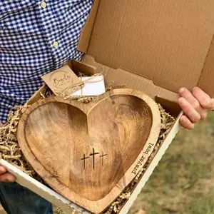 Handcrafted Heart-Shaped Prayer Bowl Vintage Wooden Bowl with Cross & Letter Patterns Includes 24 Prayer Cards for Home Church or Bedroom, Faith Ritual Supplies, Religious Decoration