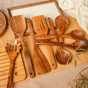 8 Piece Natural Wood Kitchen Utensil Set, Wooden Cooking Tools with Ergonomic Handles, Heat Resistant, Perfect for Induction Cooktops, Ideal Gift for Mother's Day & Halloween