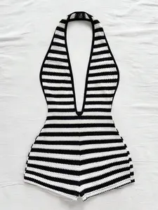 Boho Striped Crochet Jumpsuit | Deep V-Neck Backless Romper for Summer Beach