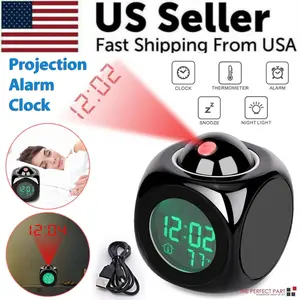 LED Projection Alarm Clock with USB Charging, Voice Control, Weather & Snooze – Clear Time Display on Ceiling/Wall