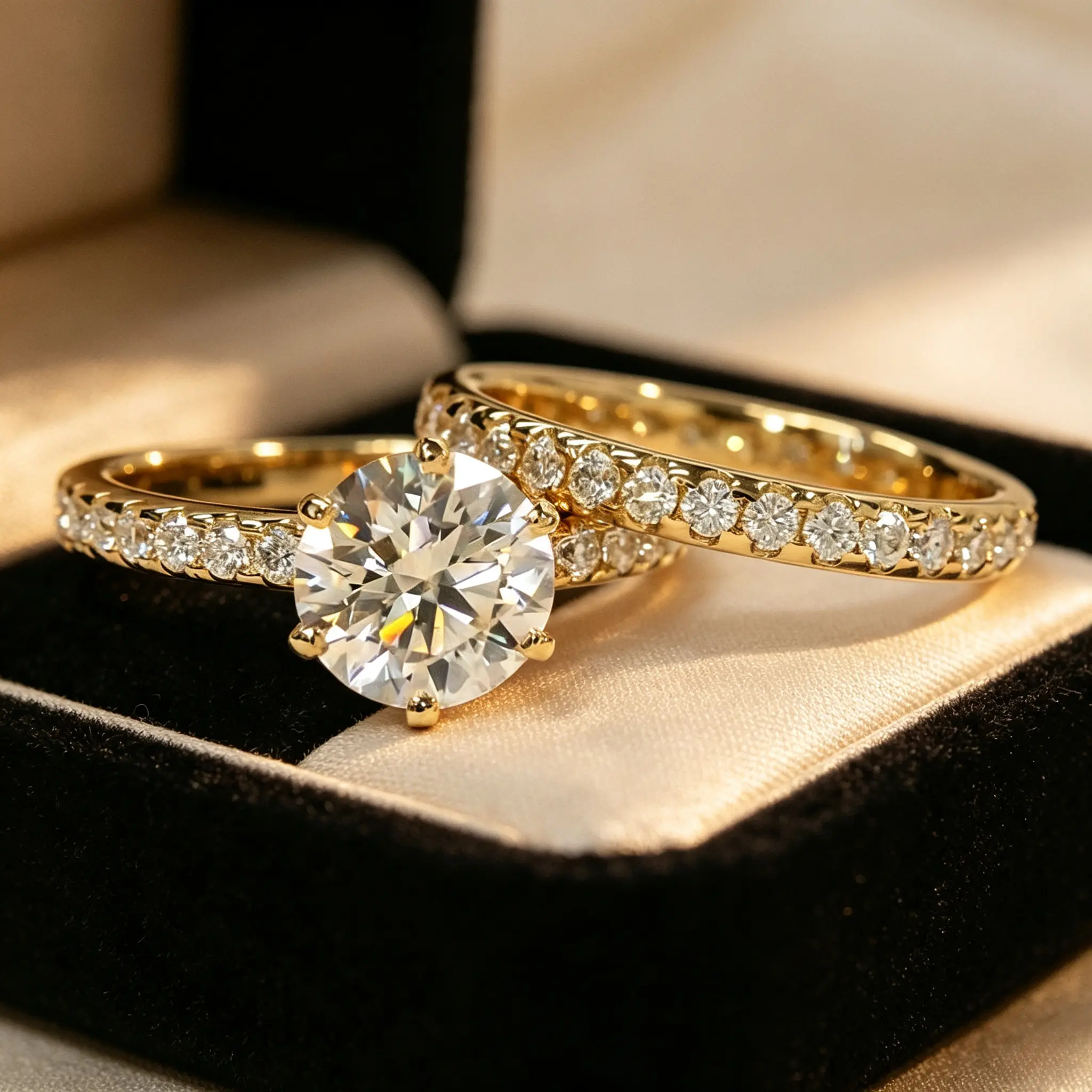 2Pcs Round Solitaire Bridal Ring Set for Women, Classic Four‑Prong Engagement Ring with Half Eternity Matching Band, Sparkling Inlaid Wedding Proposal Fashion Jewelry Gift
