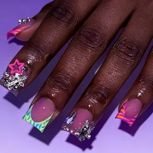 24 Pcs Duck Bill Nail Tips, 3D Hollow Stars, Printed Edges, Rhinestones, Rhinestone Nail Charms, Y2K Glossy Nails, Reusable, Party & Summer Wear, Includes Jelly Glue & File, Nail Art Decoration, Nail Accessories, Rhinestones Accent