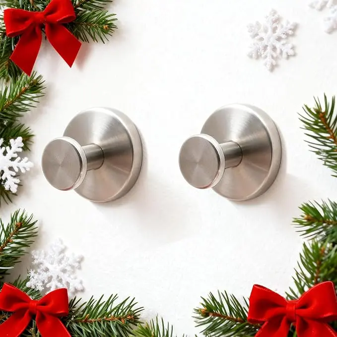 LumBrew Stainless Steel Shower Hooks 2-Pack, No-Drill Wall Hooks Heavy Duty for Bathroom Kitchen Outdoor, Waterproof Rust-Proof Towel Coat Robe Hooks, Brushed Nickel