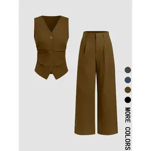 Two-piece Set Women's Solid Color Vest & Wide Leg Pants Set, Elegant Fitted Fashion Casual Two-piece Set for Daily Outdoor Wear, Women Clothing for All Seasons, Suits, Work Office Suit