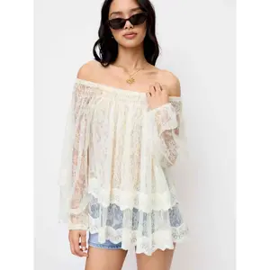 Cider Lace Off-shoulder Bowknot See-Through Blouse