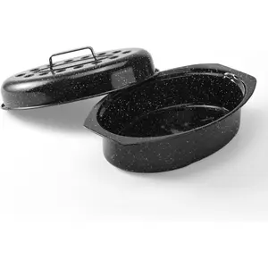 13" Roasting Pans for Ovens Porcelain Enameled Steel Oval Roaster Pan with Domed Lid for Small Turkey, Chicken, Vegetable, Lamb, Sourdough Bread
