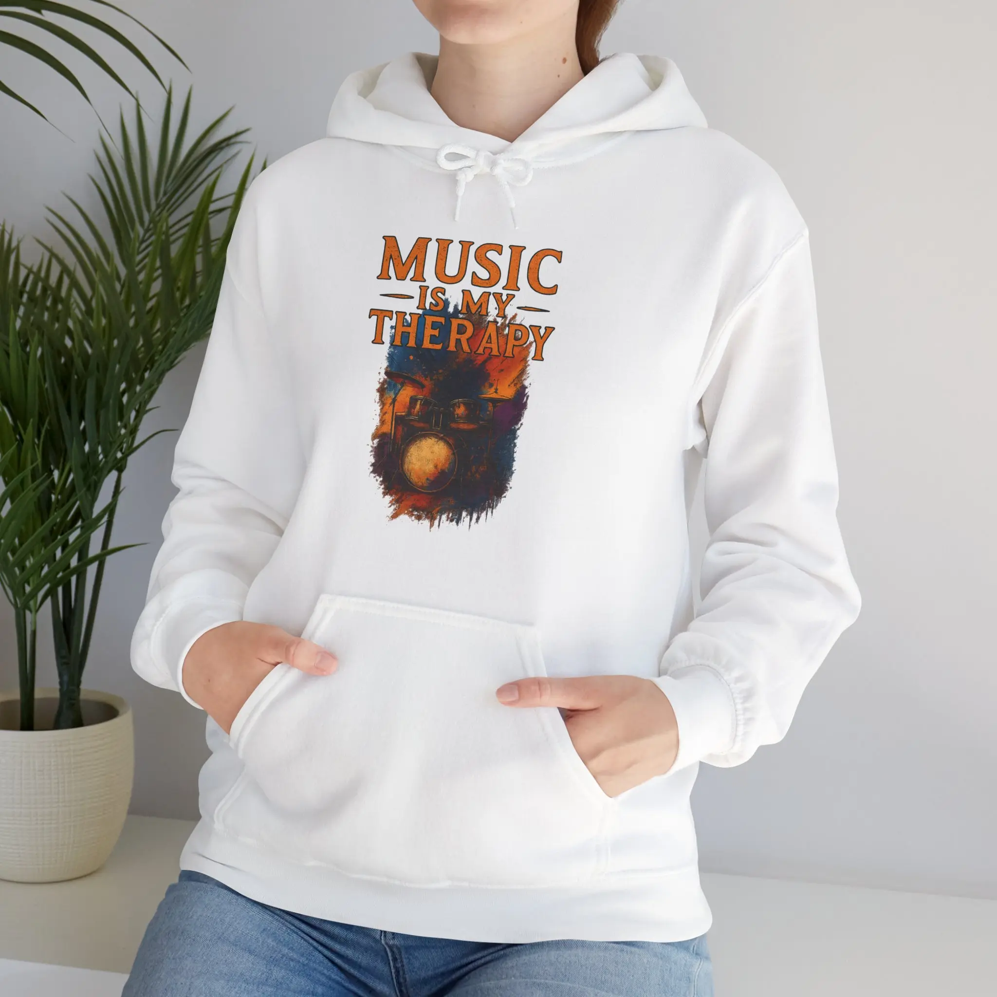 Drums Music Is my Therapy Hoodie, Drummer Gift, Music Lover Sweatshirt, Musician Pullover, Gift for Drummer, Music Teacher Hooded Jumper