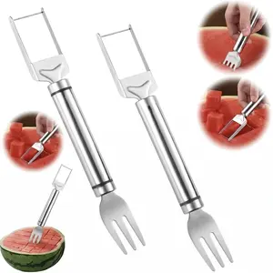 Watermelon Fork Slicer Cutter Slicer Tool,2-in-1 Stainless Steel Fruit Cutter, Dual Head Fruit Forks Slicer Knife with Round Handle Fruit Cutting Kitchen Utensils