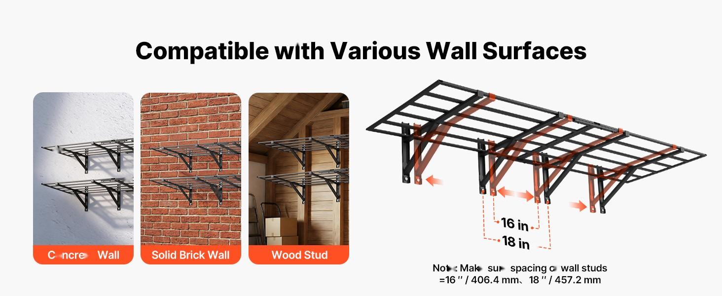 2-Tier Heavy Duty Wall Garage Shelving System, 4-Pack Steel Wall Mounted Shelving Unit, 24 x 72 Inches Per Shelf, Floating Storage Metal Rack For Garage Organization, 1600 Lbs Total Weight Capacity, Black