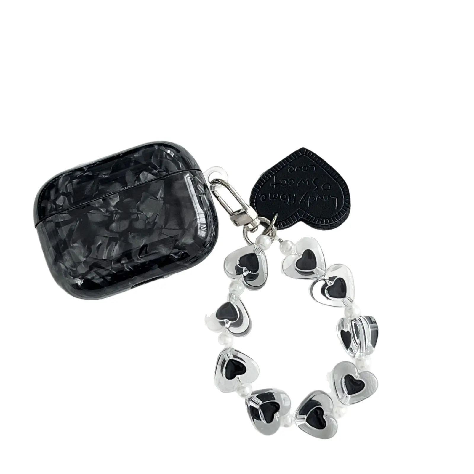Black shell pattern protective case for Apple Airpods 4, soft case for Pro 2 with heart-shaped hanging chain