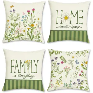 Spring Wildflowers Throw Pillow Covers 18 x 18 Inch Garden  Leaves Green Farmhouse Decorative Pillow Cases for Couch Sofa  Garden Outdoor Decor Set of 4