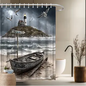 1pc Ocean Theme Shower Curtain-2D Flat Beach Boats Lighthouse Natural Scenery Print Shower Curtain Quirky Home Decor Bathroom Decoration Bathtub Decoration 70.8x70.8 Inches