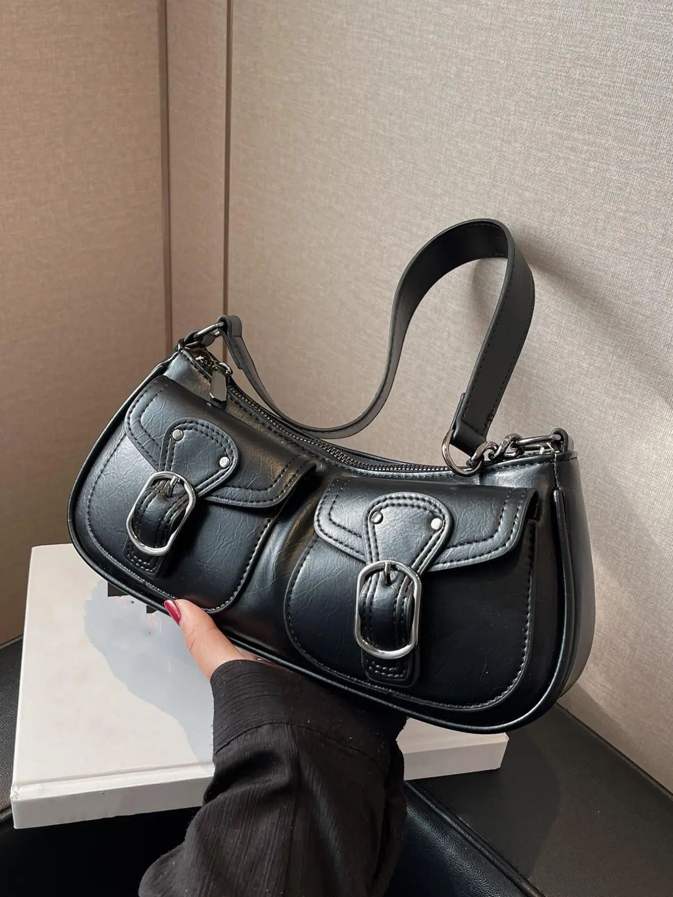 Women's Street Trend Belted Design Baguette Bag, Trendy Y2k Shoulder Clutch, Chic All-match PU Leather Shoulder Bag for Daily Use, Fashionable Crossbody Bag, Faux Leather Crossbody, Crossbody Handbags, Crossbody Purse Bag