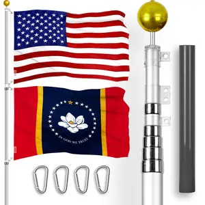 G128 Combo Pack: 25 Ft Telescoping Aluminum Flagpole (Silver) & American and Mississippi Magnolia Flags 3x5 Ft, Both ToughWeave Series Embroidered Polyester | Pole with Flags Included