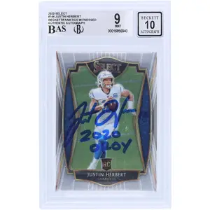 Justin Herbert Los Angeles Chargers Autographed 2020 Panini Select #144 Beckett Fanatics Witnessed Authenticated 9/10 Rookie Card with "2020 OROY" Inscription - Fanatics Authentic Certified