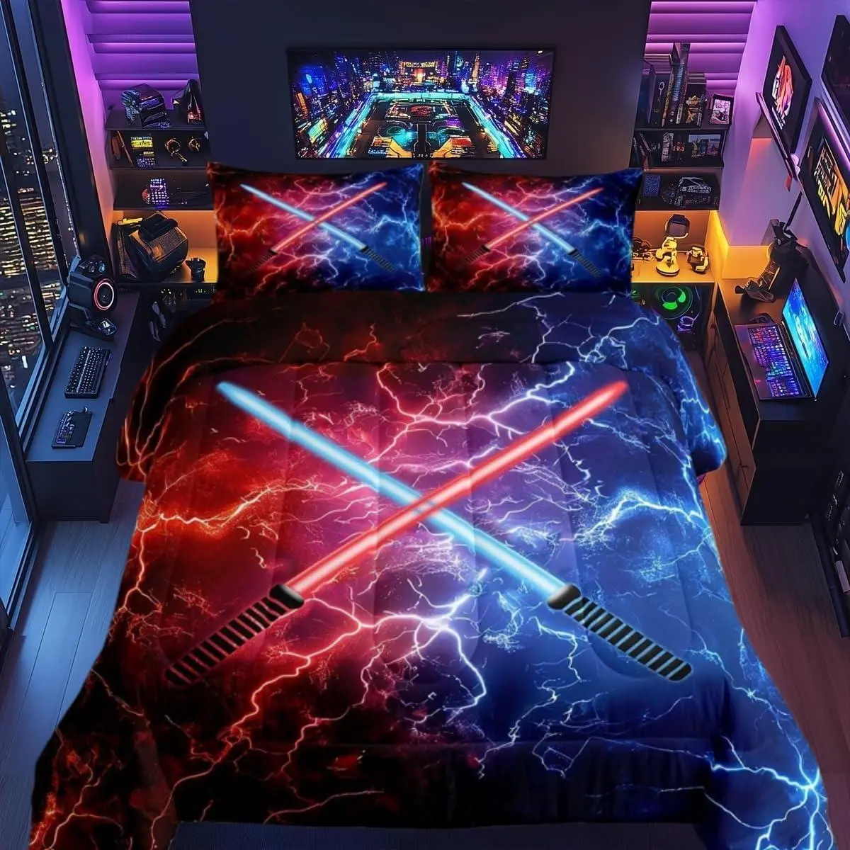 Lightsaber Comforter Set,Neon Red Blue Bedding Set for Kids Girls Women,Adults Cool Lightning Comforter,Video Games Theme Quilted Duvet Set,Bedroom Collection