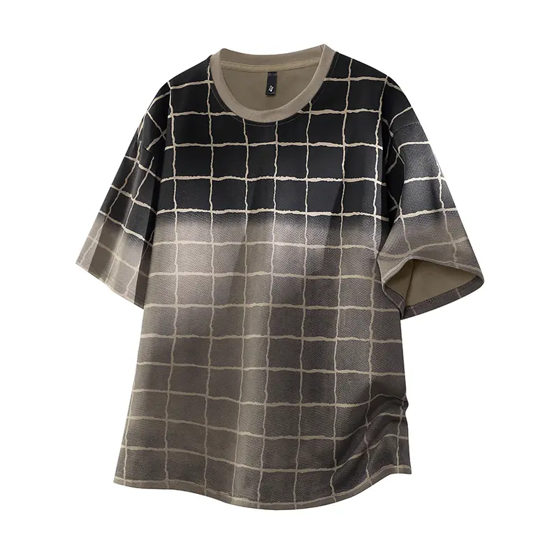 Men's Casual Checked Short-Sleeve T-Shirt - Polyester Menswear, Japanese-Style Graduated Hue, Loose Drop-Shoulders, Contrast Round Neck, Retro Vibe Design