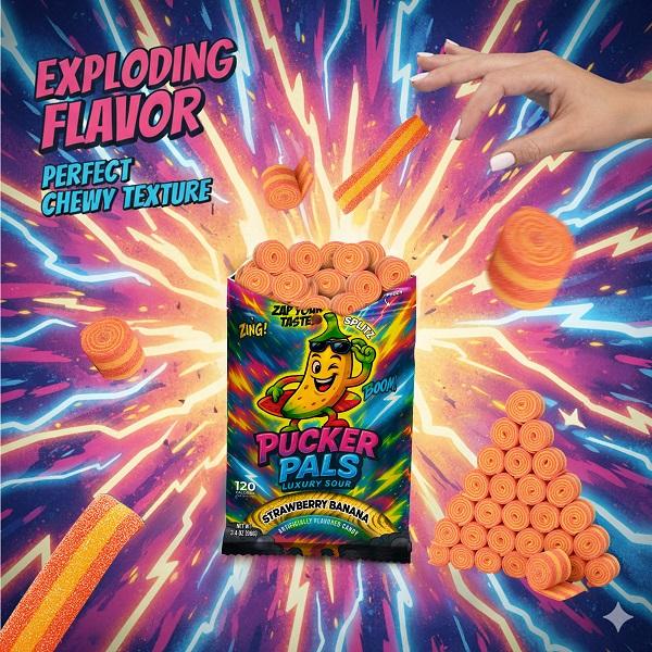 Pucker Pals Strawberry Banana Sour Candy – Extreme Sour Strips, Chewy Gummy Candy & Sour Gummies, Gummy Worms Style Bold Fun Treats for Kids, Boys, Girls, Teens & Adults, Halloween & Stocking Stuffers