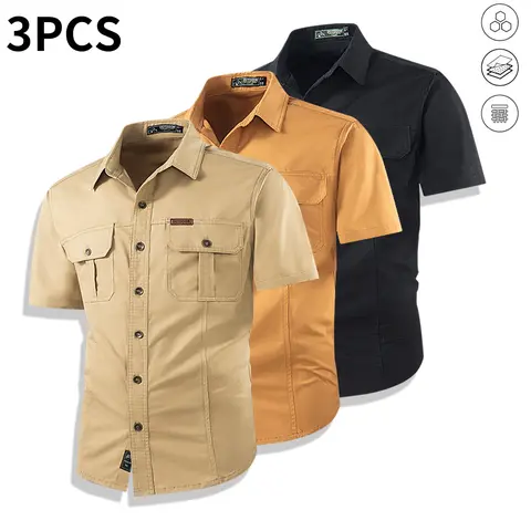 Men’s 100% Cotton Solid-Color 3-Piece Casual Outdoor Workwear Set - Short-Sleeve Shirt, Jacket with Button Pockets, Pants for Summer, Jacket+Shirt+Pants