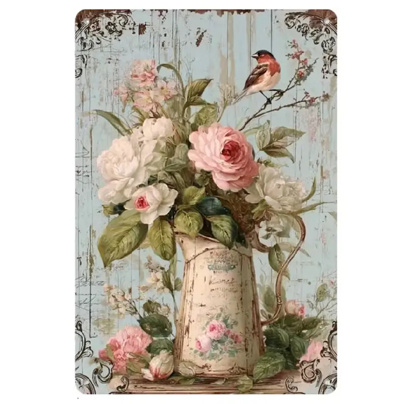 Vintage Metal Tin Sign 8x12 Inch Pre-Drilled Hanging Metal Wall Plaque, Waterproof Retro Decorative Iron Wall Sign For Indoor Outdoor Cottage Farmhouse Bedroom Garden Wall Decor, Floral Bird Wall Tin Plate