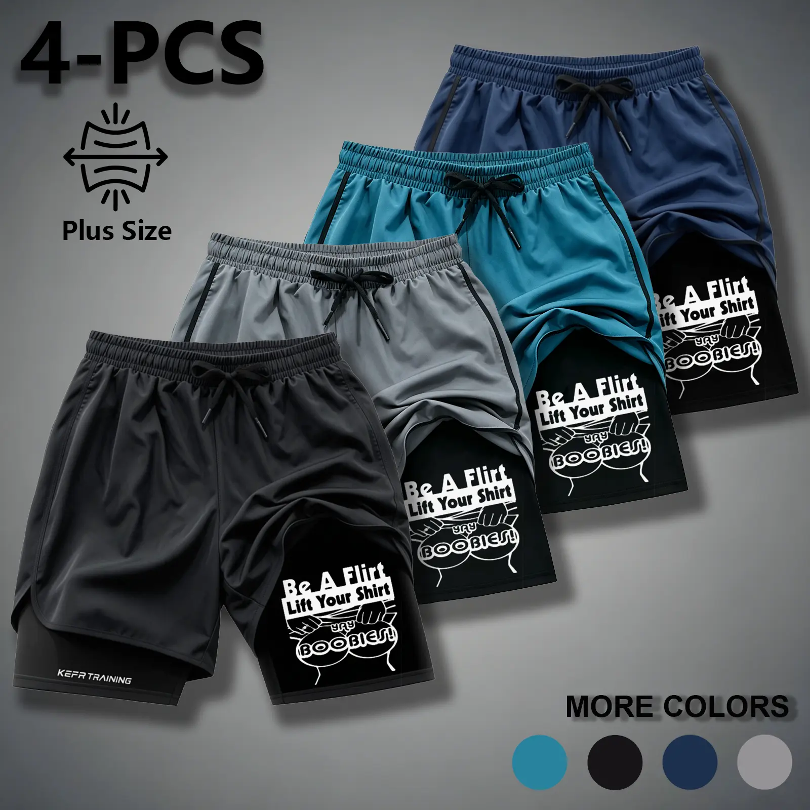 Men’s plus size quick dry fitness training shorts, 4 pack; sexy apparel; ’80s/’90s double-layer sports shorts, patterned shorts, black camouflage street-style shorts; men’s shorts for vacations; anti-friction cooling workout shorts, cargo shorts.