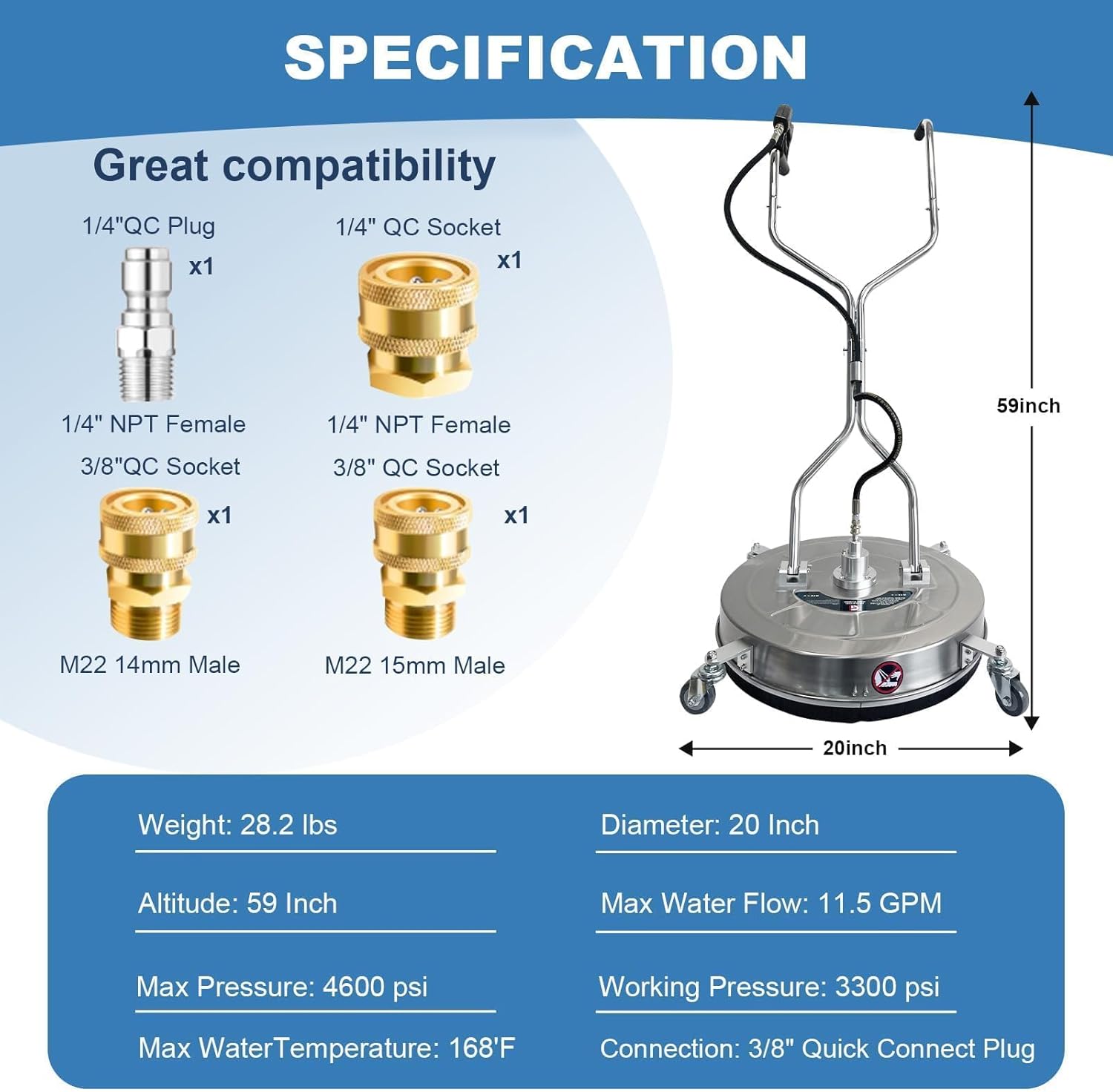 20" Pressure Washer Surface Cleaner with 4 Wheels & Dual Handles, 4600 PSI 12 GPM Stainless Steel Surface Cleaner Attachment with 2 Nozzles for Driveways, Sidewalks, Decks & Patios, Commercial Grade