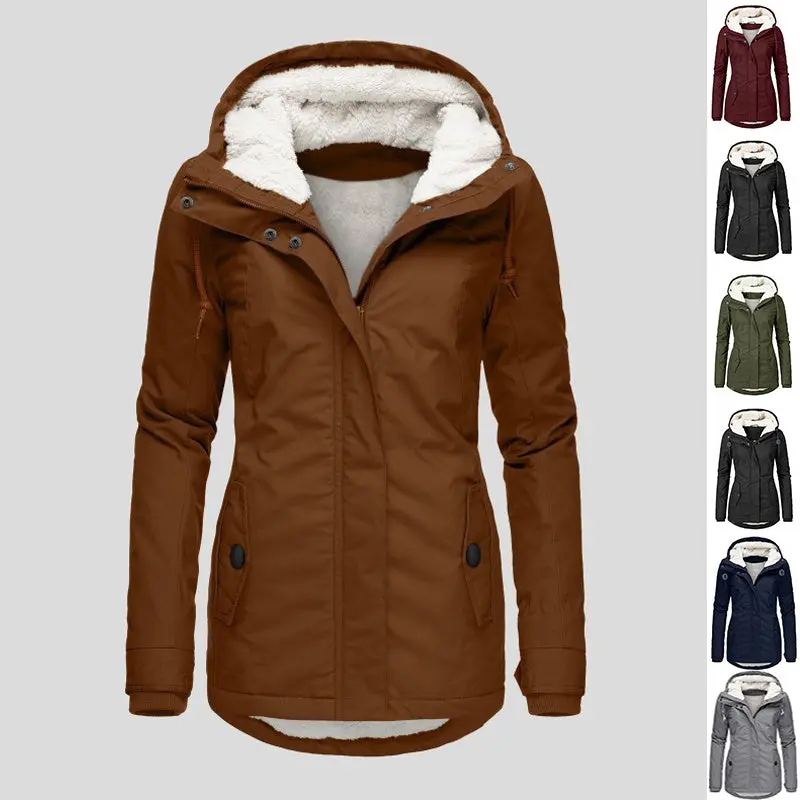 Women's Winter Hooded Jacket Solid Color Warm Buckle Zip-up Fleece with Pockets Fitted Long Sleeve Urban Style Commute Jacket