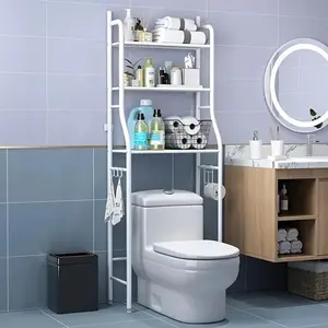 Multifunctional Three-Layer Toilet Storage Rack Durable Metal with Paper Roll Holder Hooks Space-Saving for Bathroom & Laundry Room