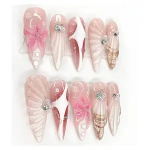 Petal Glow – Pink Butterfly Flower Press-On Nails, Cute Fake Nails