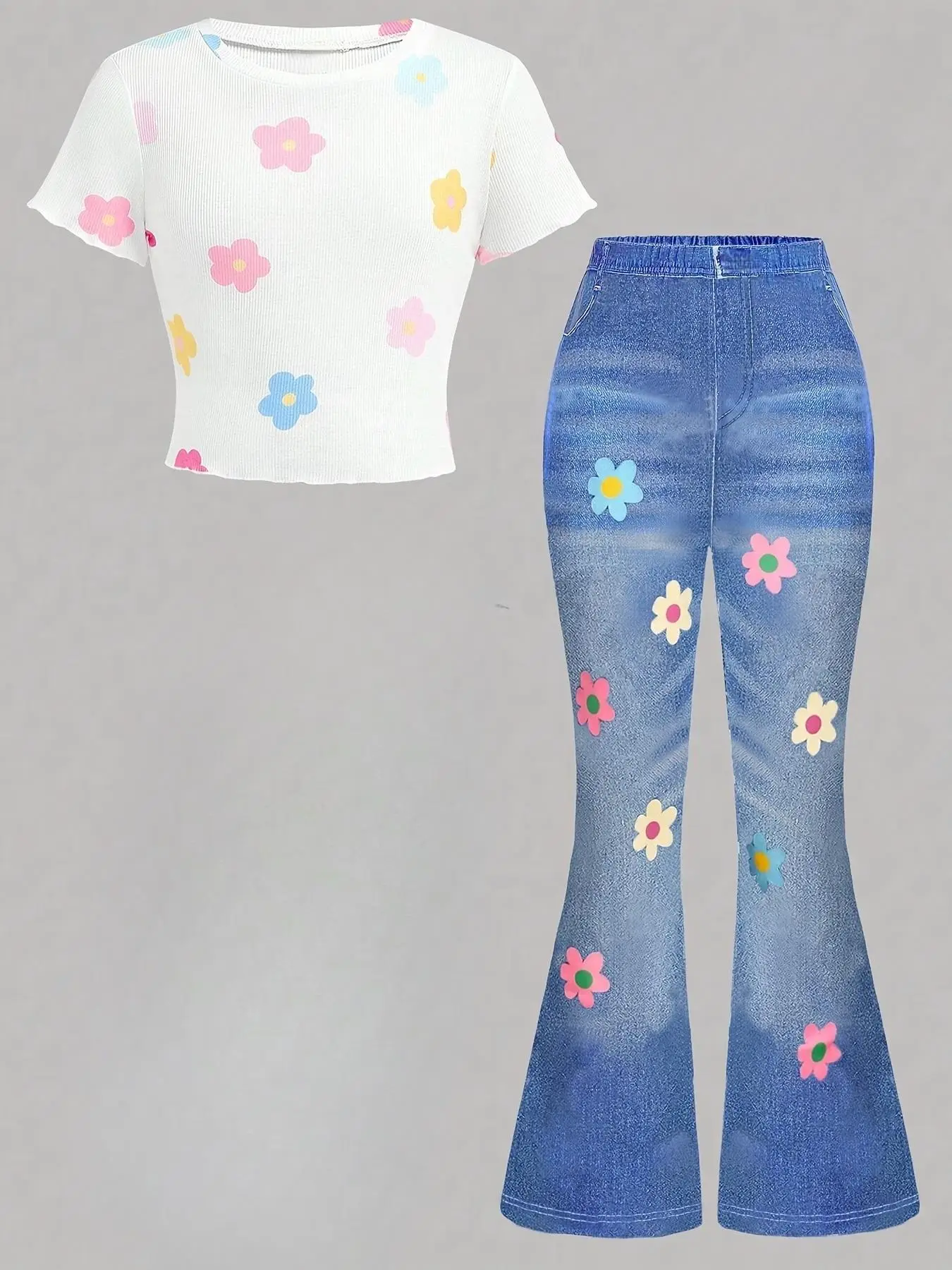 Girl's Floral Print Tee & Flare Leg Denim-effect Print Pants Two-piece Set, Casual Fashion Round Neck Short Sleeve T-shirt & Bell Bottom Denim-effect