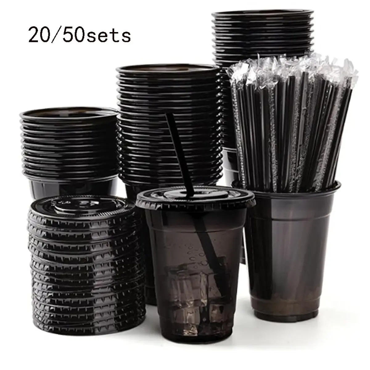 20/50 Pack 16oz Bulk Plastic Cups with Lids and Straws, Disposable Ice Coffee Cups, Disposable Drinkware, Portable Flat Bottom Cups for Cold Drinks, Bar Party Supplies, Convenience