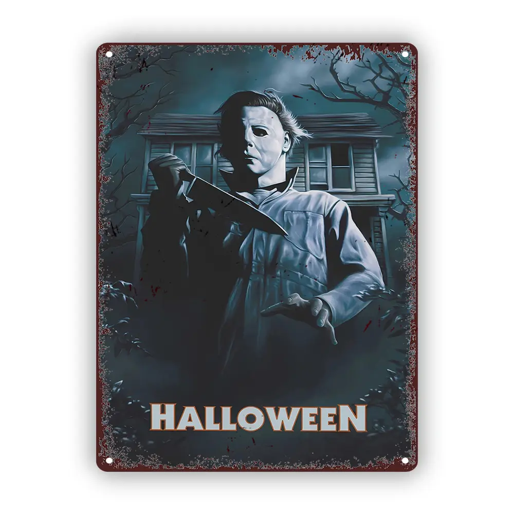 Michael Myers Halloween Decorative Rectangular Vintage Iron Metal Sign - 8x12 in Classic Horror Wall Art, Home Accessory for Man Cave Decor