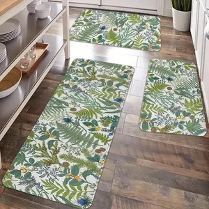 2/3pcs kitchen anti slip carpet floor mat set, green plant printed kitchen anti fatigue floor mat, soft flannel anti slip washable carpet floor mat, suitable for kitchen, laundry room, bathroom, living room, decoration floor mat, Botanical area rugs