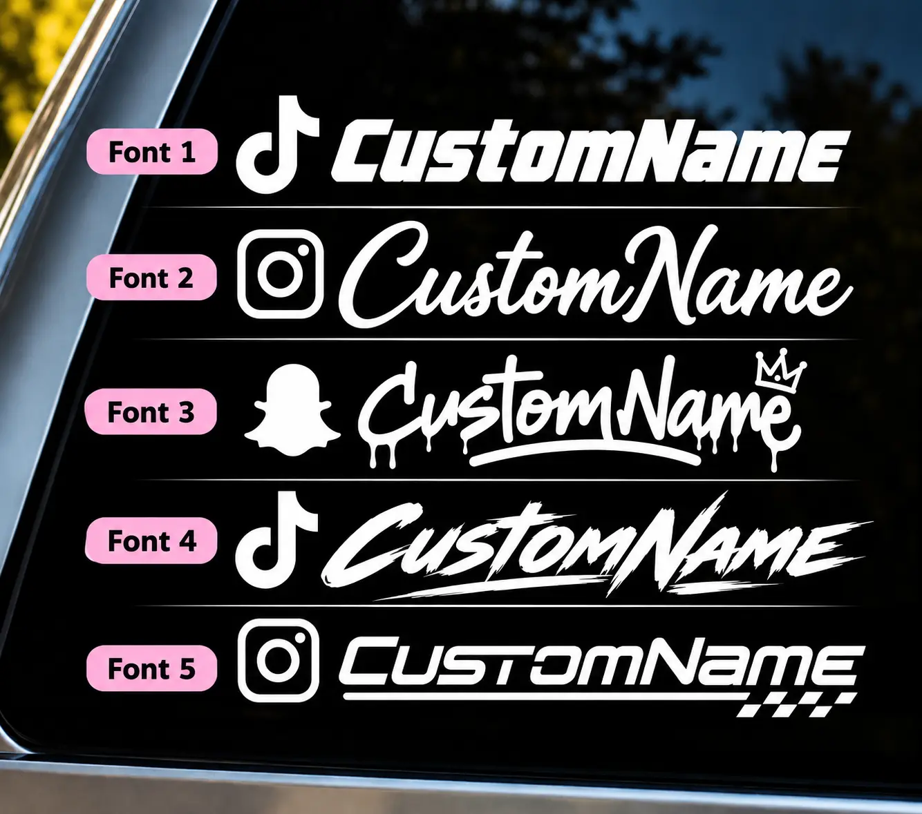 Custom Social Media Username Car Decal – Personalized TikTok, Instagram & Snapchat Window Sticker, 5 Font Styles for Cars, Trucks & SUVs