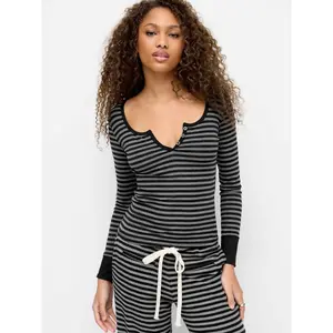 Cider Cotton-blend Stripe Button Long Sleeve Top