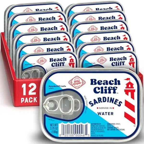 Beach Cliff Wild Caught Sardines in Water, 3.75 oz (12-Pack) | High Protein, Gluten Free, Keto Friendly, Ready to Eat