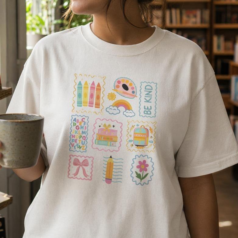 Women's Plus Size Casual Colorful Be Kind Graphic T-Shirt, Cute School-Themed Top for Teachers