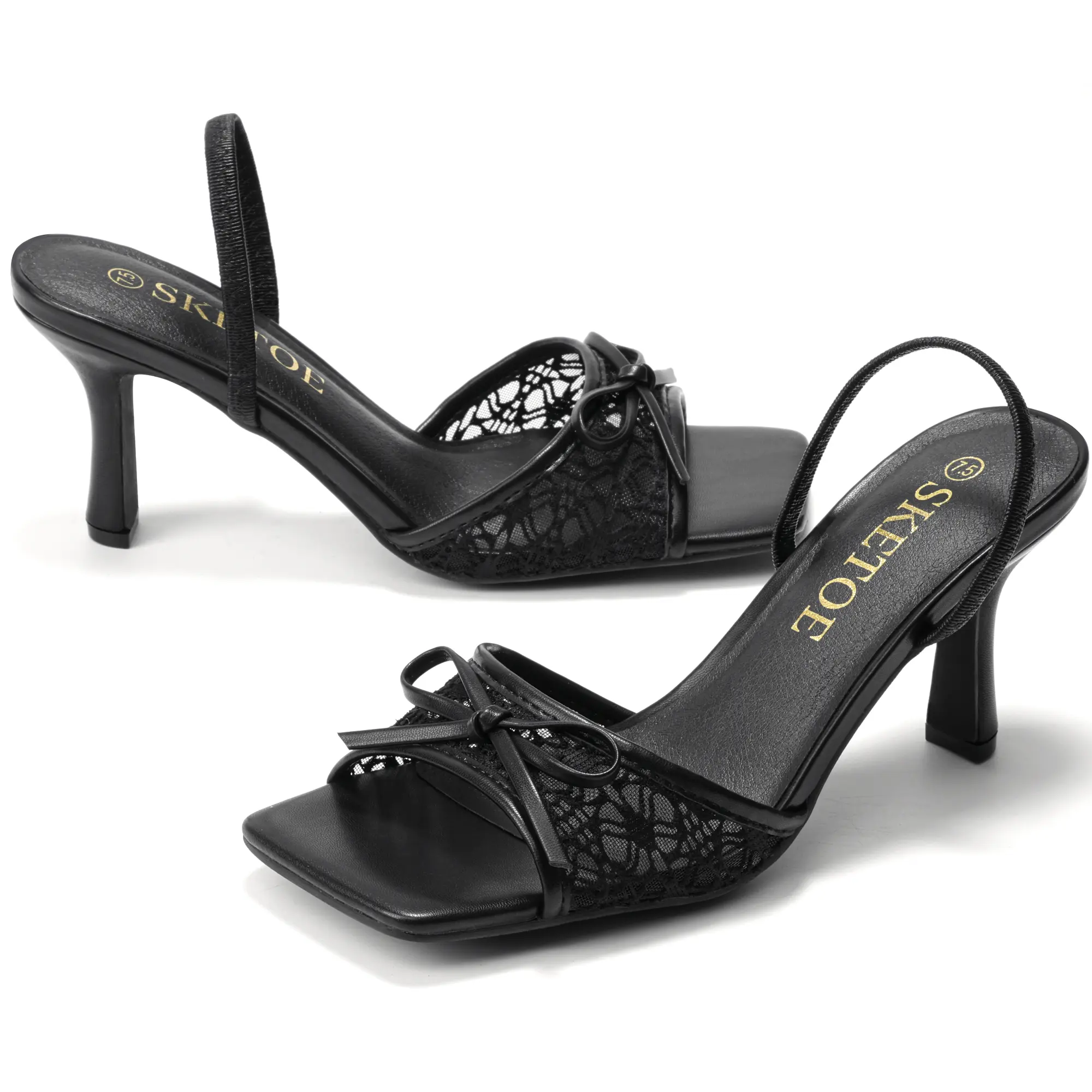 Women's Kitten Heel Footwear - Square Open Toe Mesh Bow Sandals, Comfortable Dressy Black Shoes for Party, Wedding Bride