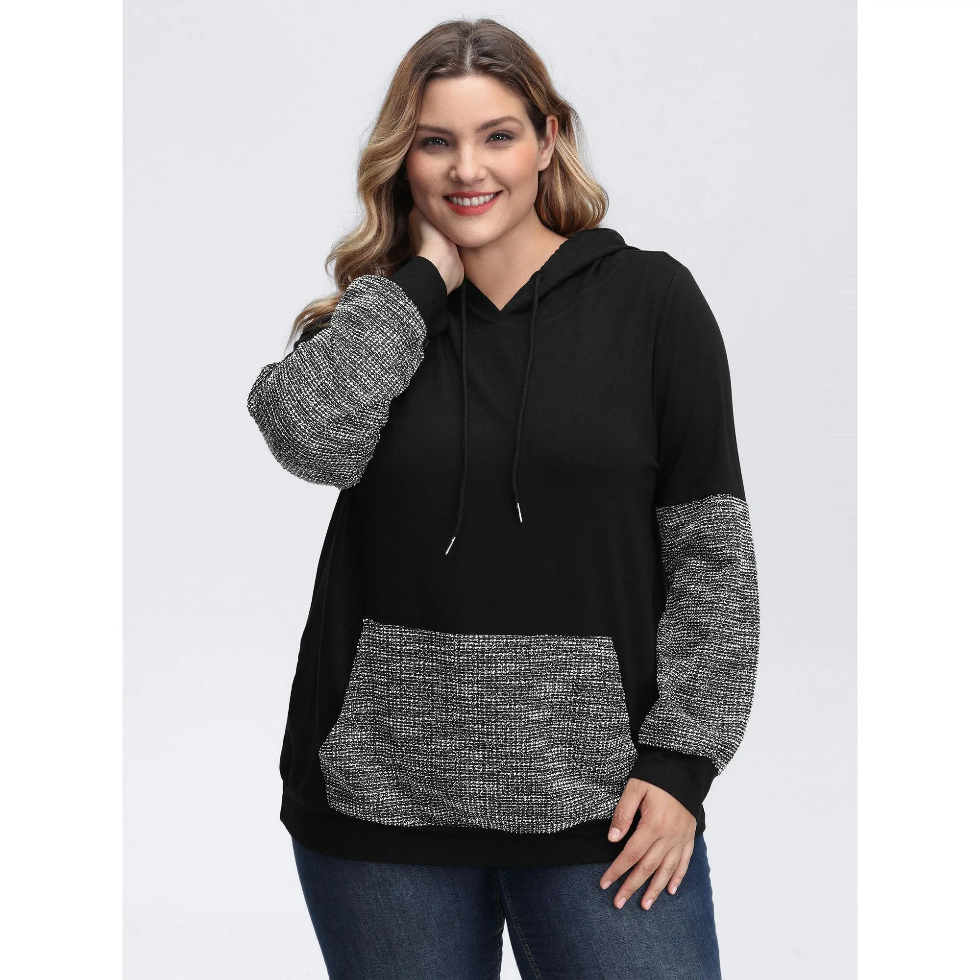 BloomChic Women's Plus Size Hooded Pullover, Stretch Colorblock Rayon Sweatshirt with Long Sleeves for Layering Outfits, Casual Wear, Patch Pocket, Plus Size Clothes, Patch Pockets, Hooded Neck, Spandex, Cuffed, Tops, Midnight, Women's Hoodies, Elastane